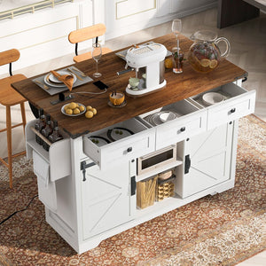 English Elm K&K 53.7" Farmhouse Kitchen Island with Drop Leaf, Sliding Barn Doors, Built-In Power & Wheels White N707P170347W