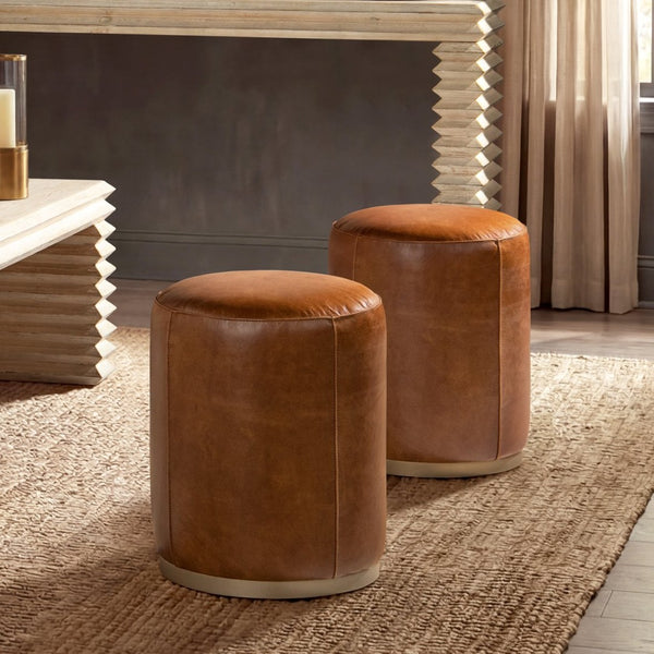 English Elm Nico Genuine Leather Drum Ottoman Stool with Brass Base for Living Room or Bedroom B2719P485493