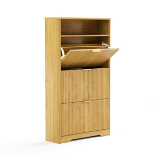 English Elm Shoe Cabinet Slim Entryway Organizer with Flip Compartments Wave Front and Gold Hardware Natural W1162P384348
