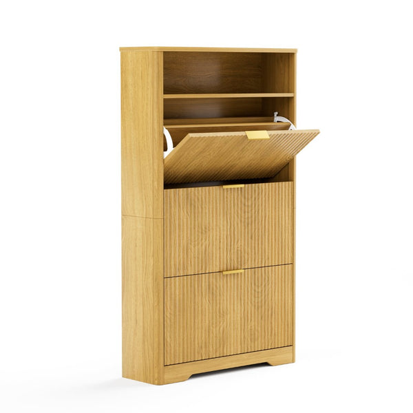 English Elm Shoe Cabinet Slim Entryway Organizer with Flip Compartments Wave Front and Gold Hardware Natural W1162P384348