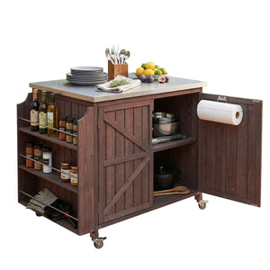 English Elm K&k Rolling Outdoor Kitchen Island Solid Fir Wood Stainless Steel Top Storage Cabinet Dark Brown N707P370287Z