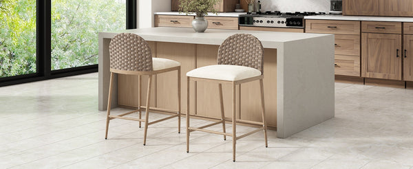 English Elm 25" Farmhouse Counter Stools Set of 2 Woven Rattan Back Iron Frame Kitchen Island N762P329154D