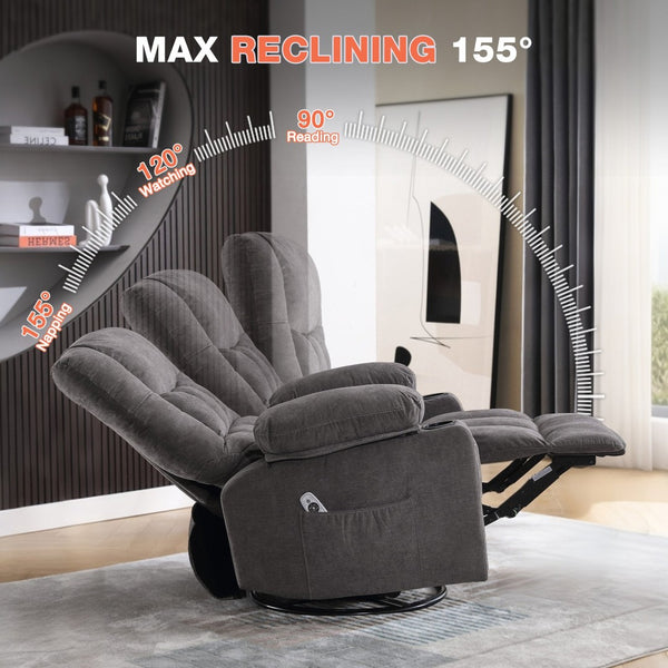 English Elm Massage Swivel Rocker Recliner with Heat Lumbar Relief and Usb Port for Living Room Grey W1521P478283