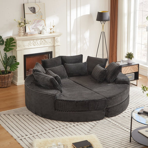 English Elm 78.5-inch Corduroy Round Convertible Recliner Sofa Bed with Neck Support and Throw Pillows Black W834S00563