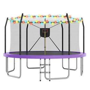 English Elm 14ft Backyard Trampoline with Led Lights Basketball Hoop and Galvanized Safety Frame N739P308480A