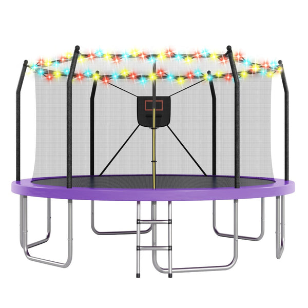 English Elm 14ft Backyard Trampoline with Led Lights Basketball Hoop and Galvanized Safety Frame N739P308480A