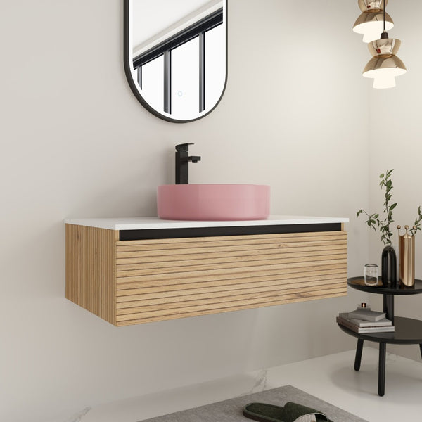English Elm 36'' Floating Wall Mounted Vanity with Art Ceramic Vessel Sink and Soft Close Drawer W999S00364