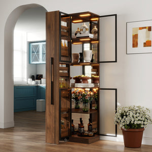 English Elm 70" Glass Display Cabinet with 5-Tier Pull-Out Shelves, Adjustable LED Lighting, Versatile Storage W331S00196