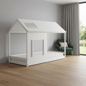 HomeRoots White Wood Twin House Bed - Stylish, Durable Design with Cozy House-Shaped Silhouette for Kids' Rooms 607001