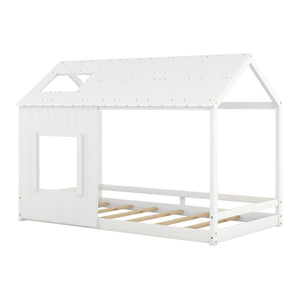 HomeRoots White Wood Twin House Bed - Stylish, Durable Design with Cozy House-Shaped Silhouette for Kids' Rooms 607001