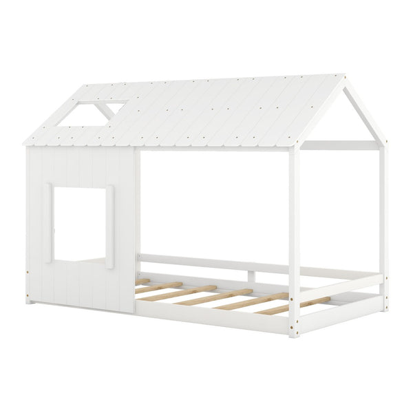 HomeRoots White Wood Twin House Bed - Stylish, Durable Design with Cozy House-Shaped Silhouette for Kids' Rooms 607001