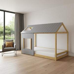 HomeRoots Gray Wood Twin House Bed - Stylish, Durable Design with Cozy Appeal for Modern Children's Rooms 607002
