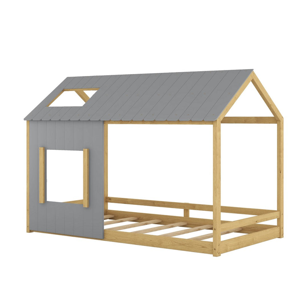 HomeRoots Gray Wood Twin House Bed - Stylish, Durable Design with Cozy Appeal for Modern Children's Rooms 607002