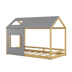 HomeRoots Gray Wood Twin House Bed - Stylish, Durable Design with Cozy Appeal for Modern Children's Rooms 607002