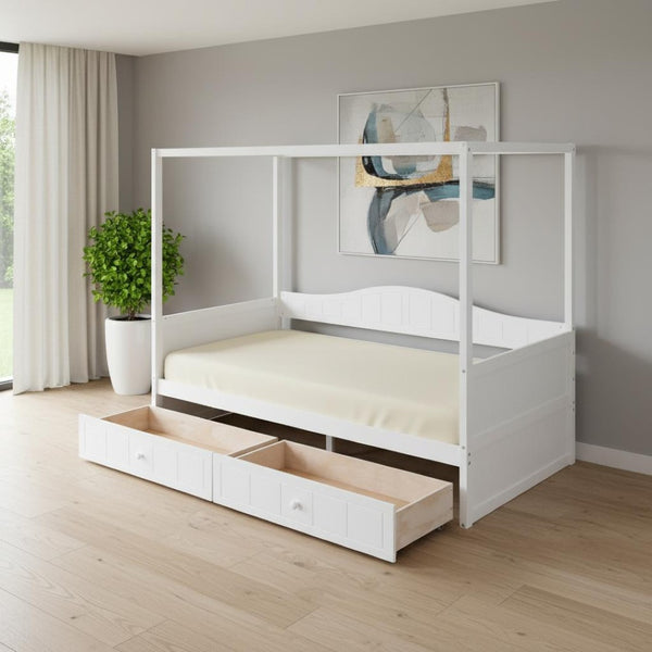 HomeRoots White Wood Twin Daybed Frame with Built-In Drawers for Stylish Storage and Space-Saving Comfort 607003