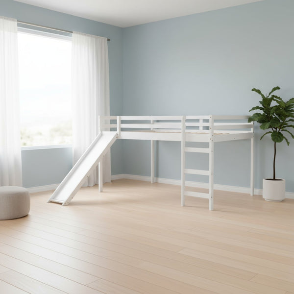HomeRoots White Panel Solid Wood Full Double Loft Bed with Slide - Space-Saving Design for Kids' Rooms! 607004