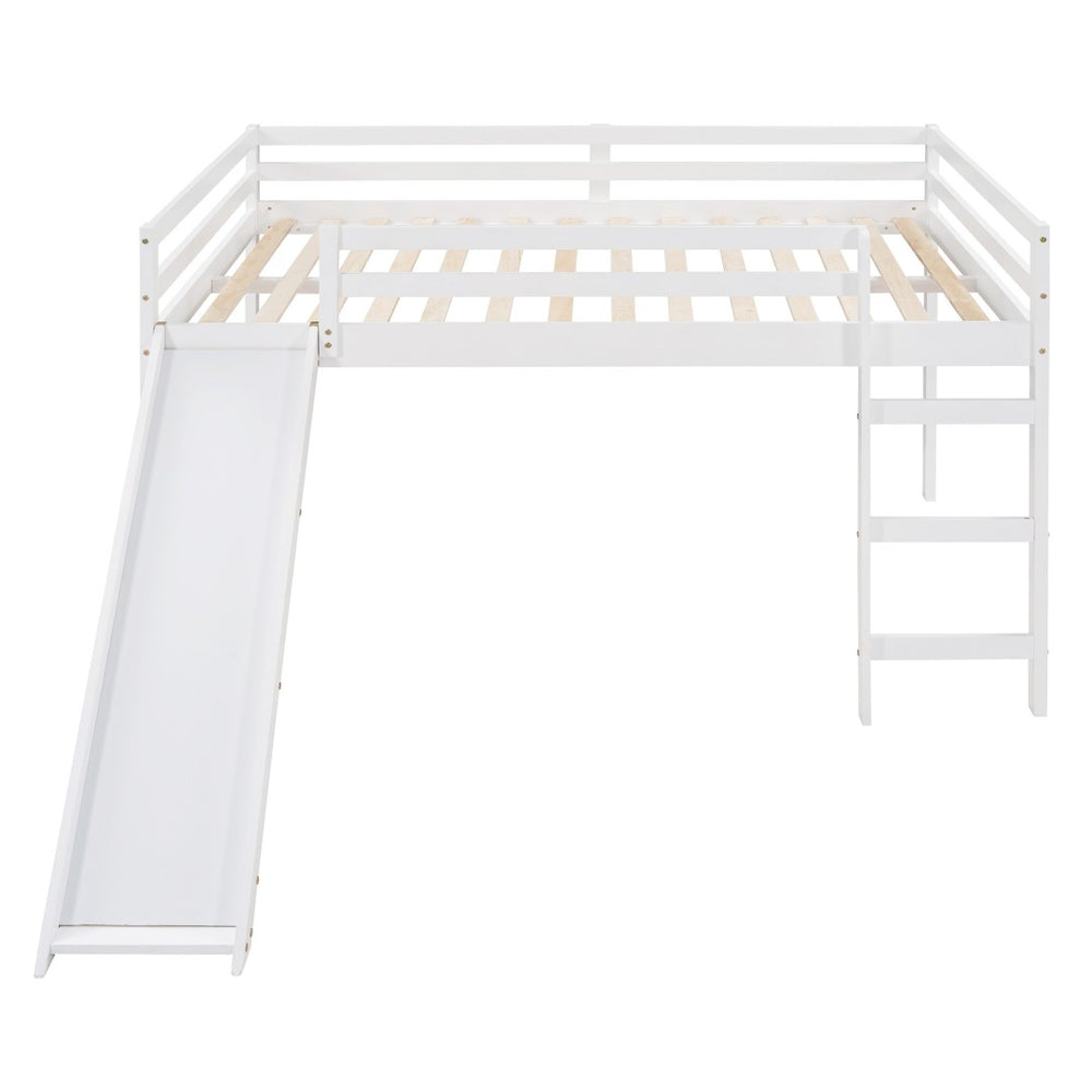 HomeRoots White Panel Solid Wood Full Double Loft Bed with Slide - Space-Saving Design for Kids' Rooms! 607004