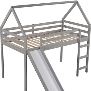 HomeRoots Gray Canopy Solid Wood Twin Loft Bed with Fun Slide, Stylish Design, and Smart Storage Solutions 607005