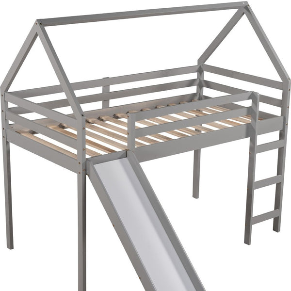 HomeRoots Gray Canopy Solid Wood Twin Loft Bed with Fun Slide, Stylish Design, and Smart Storage Solutions 607005