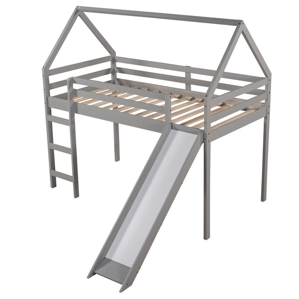 HomeRoots Gray Canopy Solid Wood Twin Loft Bed with Fun Slide, Stylish Design, and Smart Storage Solutions 607005
