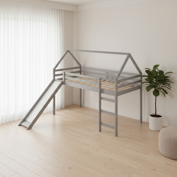 HomeRoots Gray Canopy Solid Wood Twin Loft Bed with Fun Slide, Stylish Design, and Smart Storage Solutions 607005