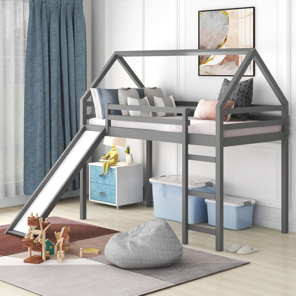 HomeRoots Gray Canopy Solid Wood Twin Loft Bed with Fun Slide, Stylish Design, and Smart Storage Solutions 607005