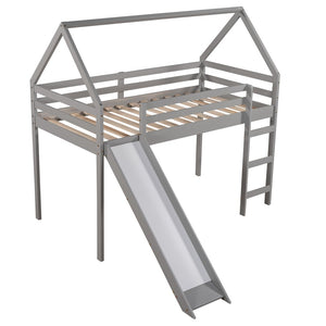 HomeRoots Gray Canopy Solid Wood Twin Loft Bed with Fun Slide, Stylish Design, and Smart Storage Solutions 607005