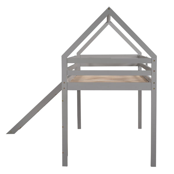 HomeRoots Gray Canopy Solid Wood Twin Loft Bed with Fun Slide, Stylish Design, and Smart Storage Solutions 607005