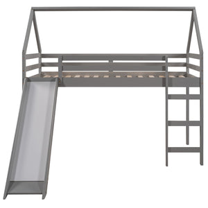 HomeRoots Gray Canopy Solid Wood Twin Loft Bed with Fun Slide, Stylish Design, and Smart Storage Solutions 607005