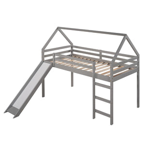 HomeRoots Gray Canopy Solid Wood Twin Loft Bed with Fun Slide, Stylish Design, and Smart Storage Solutions 607005