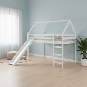 HomeRoots White Canopy Twin Loft Bed with Integrated Slide - Solid Wood Design for Fun & Functional Spaces! 607006