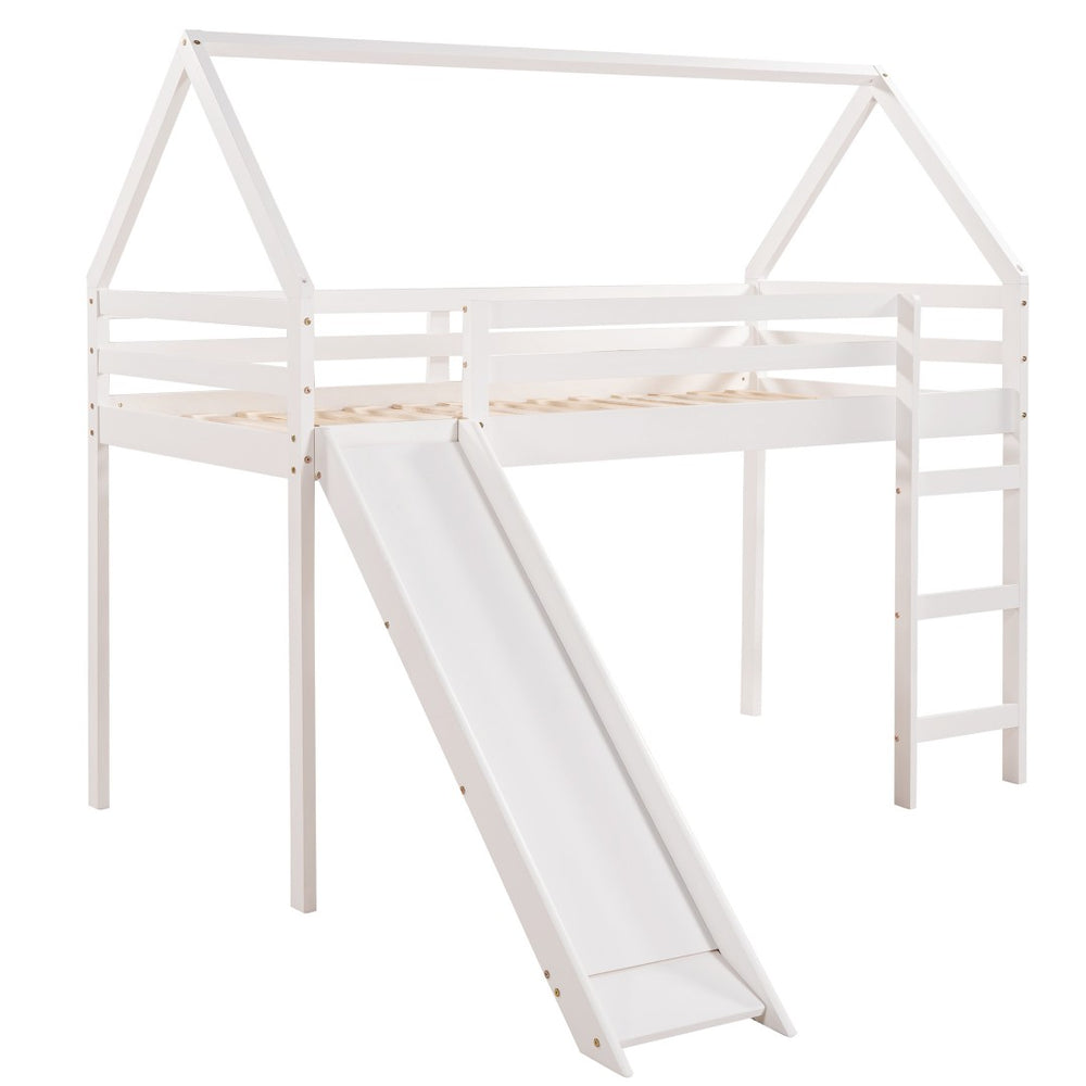 HomeRoots White Canopy Twin Loft Bed with Integrated Slide - Solid Wood Design for Fun & Functional Spaces! 607006
