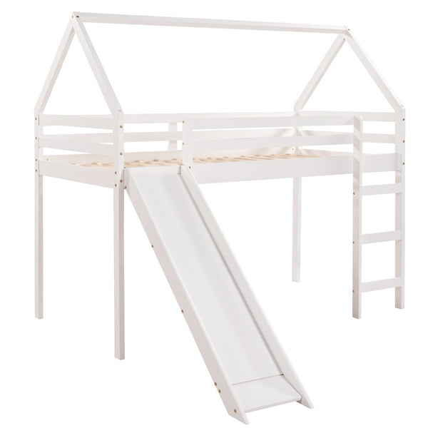 HomeRoots White Canopy Twin Loft Bed with Integrated Slide - Solid Wood Design for Fun & Functional Spaces! 607006