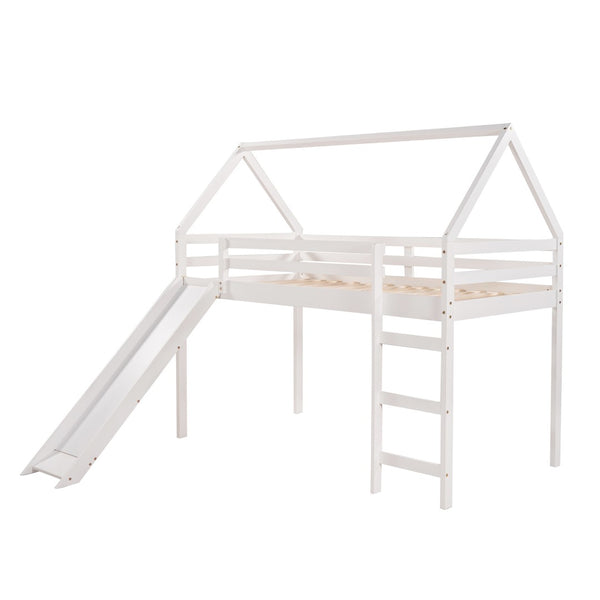 HomeRoots White Canopy Twin Loft Bed with Integrated Slide - Solid Wood Design for Fun & Functional Spaces! 607006