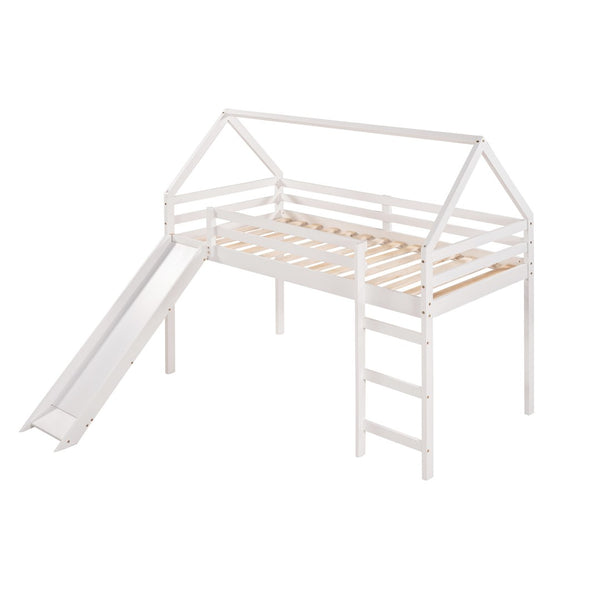 HomeRoots White Canopy Twin Loft Bed with Integrated Slide - Solid Wood Design for Fun & Functional Spaces! 607006
