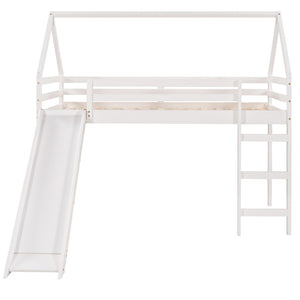 HomeRoots White Canopy Twin Loft Bed with Integrated Slide - Solid Wood Design for Fun & Functional Spaces! 607006