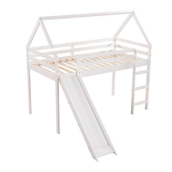 HomeRoots White Canopy Twin Loft Bed with Integrated Slide - Solid Wood Design for Fun & Functional Spaces! 607006