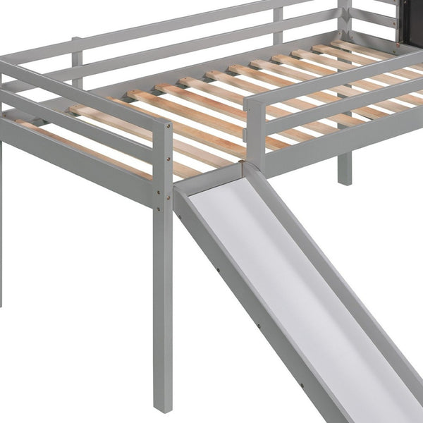 HomeRoots Gray Solid Wood Twin Loft Bed with Slide - Stylish Space-Saving Design for Kids' Rooms & Sleepovers 607007