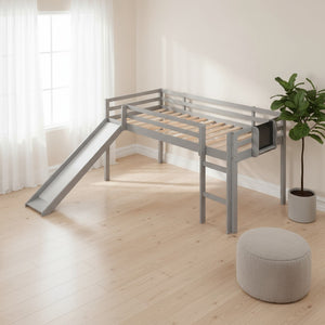 HomeRoots Gray Solid Wood Twin Loft Bed with Slide - Stylish Space-Saving Design for Kids' Rooms & Sleepovers 607007