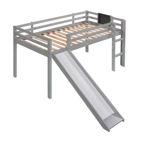 HomeRoots Gray Solid Wood Twin Loft Bed with Slide - Stylish Space-Saving Design for Kids' Rooms & Sleepovers 607007