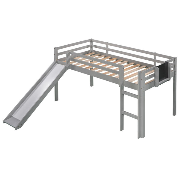 HomeRoots Gray Solid Wood Twin Loft Bed with Slide - Stylish Space-Saving Design for Kids' Rooms & Sleepovers 607007