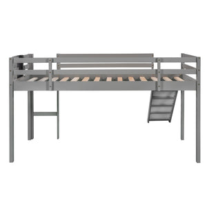 HomeRoots Gray Solid Wood Twin Loft Bed with Slide - Stylish Space-Saving Design for Kids' Rooms & Sleepovers 607007