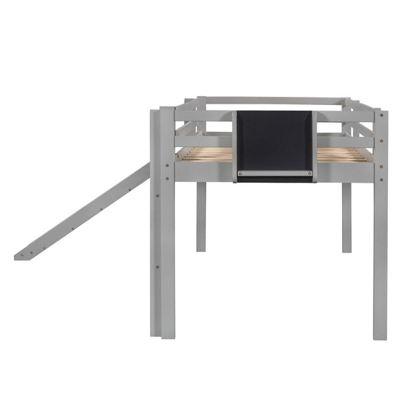 HomeRoots Gray Solid Wood Twin Loft Bed with Slide - Stylish Space-Saving Design for Kids' Rooms & Sleepovers 607007