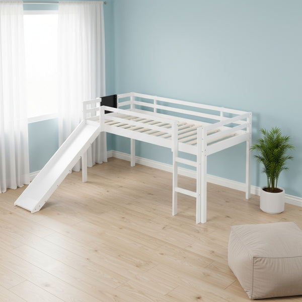 HomeRoots White Panel Solid Wood Twin Loft Bed with Slide - Stylish Space-Saving Design for Kids' Rooms! 607008