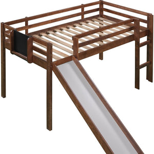 HomeRoots Walnut Twin Loft Bed with Slide - Charming Solid Wood Design for Fun Play & Space Optimization! 607009