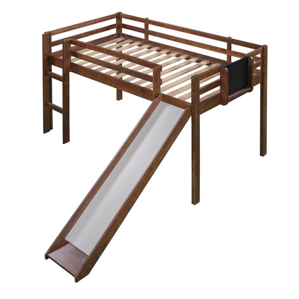 HomeRoots Walnut Twin Loft Bed with Slide - Charming Solid Wood Design for Fun Play & Space Optimization! 607009