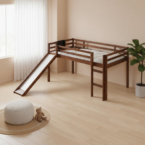 HomeRoots Walnut Twin Loft Bed with Slide - Charming Solid Wood Design for Fun Play & Space Optimization! 607009