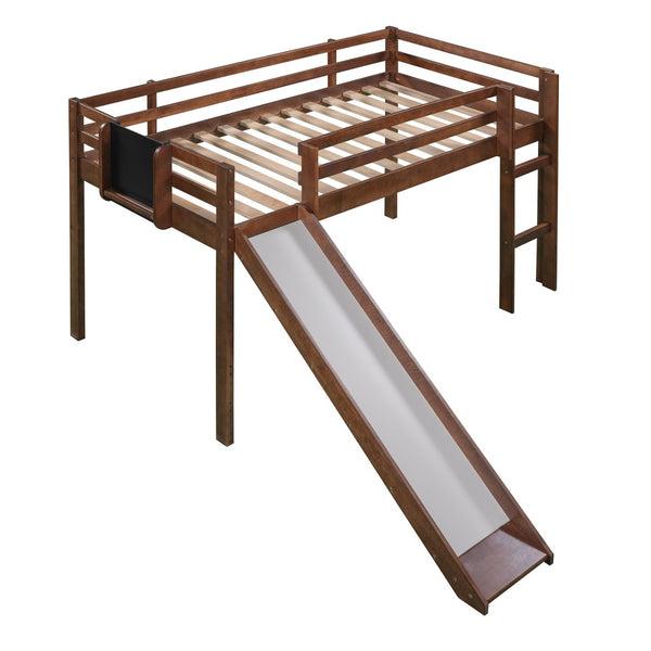 HomeRoots Walnut Twin Loft Bed with Slide - Charming Solid Wood Design for Fun Play & Space Optimization! 607009