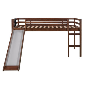 HomeRoots Walnut Twin Loft Bed with Slide - Charming Solid Wood Design for Fun Play & Space Optimization! 607009