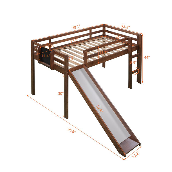 HomeRoots Walnut Twin Loft Bed with Slide - Charming Solid Wood Design for Fun Play & Space Optimization! 607009